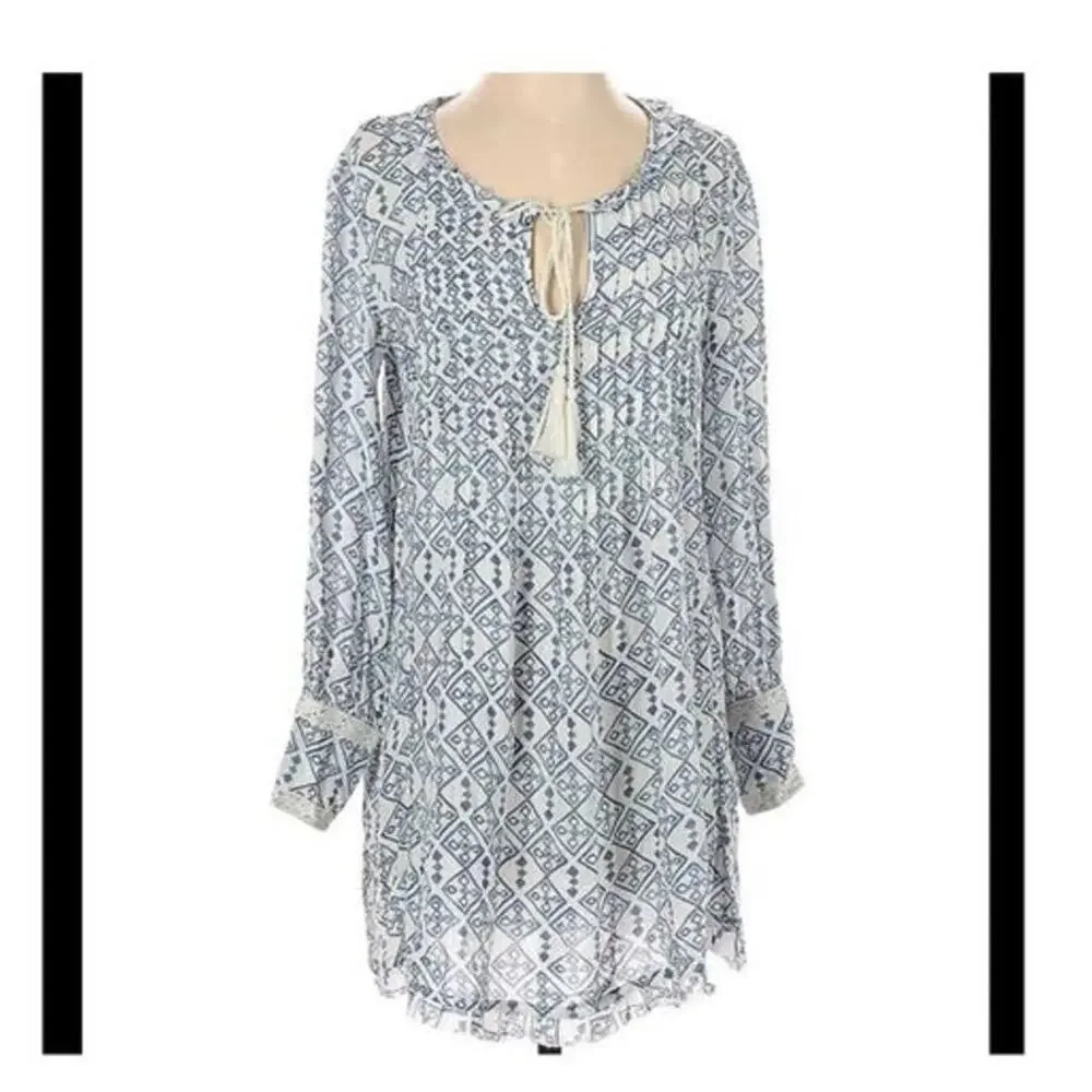 Free People Women's Geometric Long Sleeve Boho Mini Dress White Blue Small